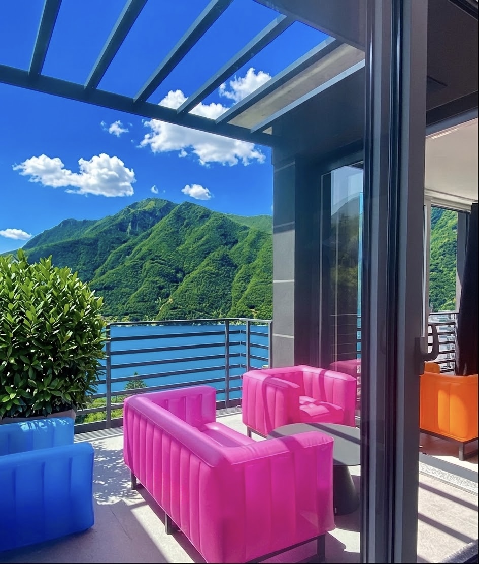 Terrasse colorée avec fauteuils gonflables et vue panoramique sur le lac